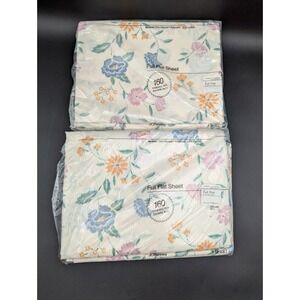 2 JCPenney NOS Vtg Stitched Floral Full Flat Sheet White USA 1980's Dracon Blend